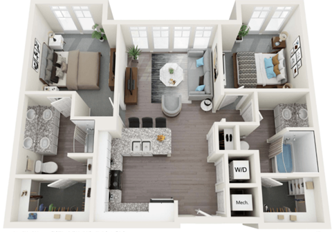Floor plan for 2 beds, 2 baths, 977 sqft